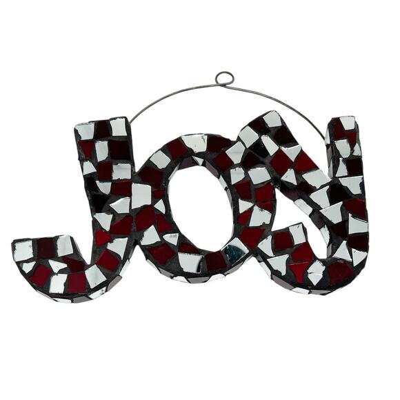 Joy Silver Mirror and Red Chipped Mosaic Hanging Christmas Holiday Decoration - Picture 1 of 3